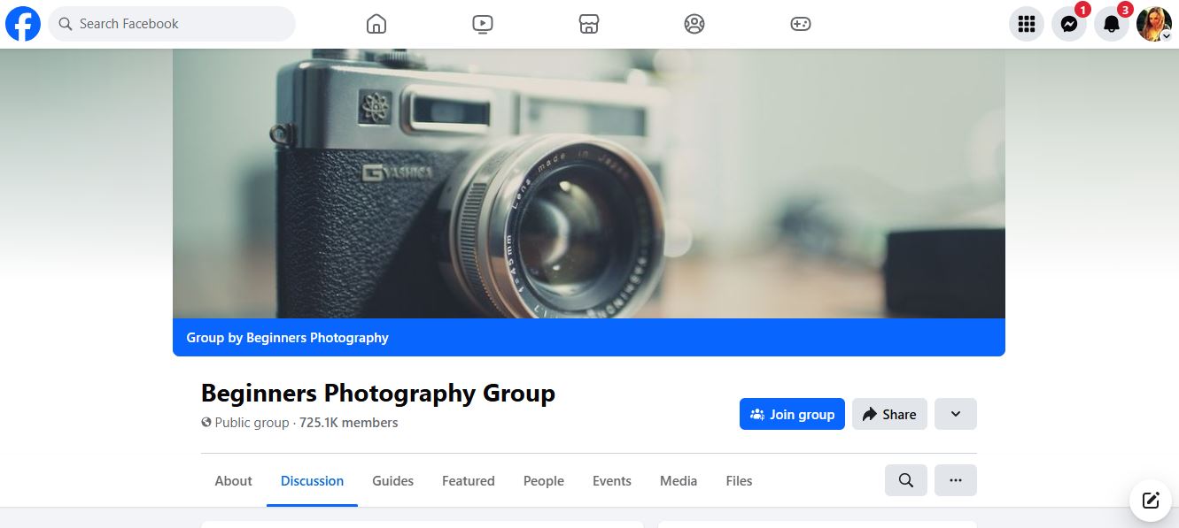Facebook group titled "Beginners photography group"